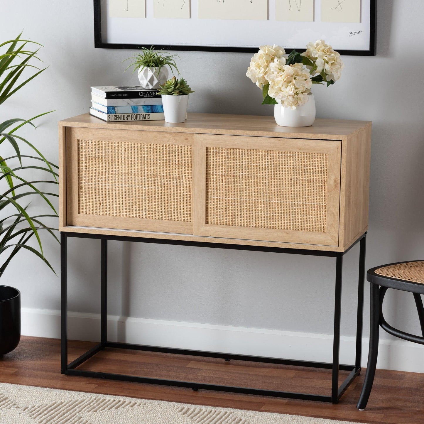 Amelia Mid-Century Modern Transitional Natural Brown Finished Wood and Natural Rattan Sideboard Buffet FredCo