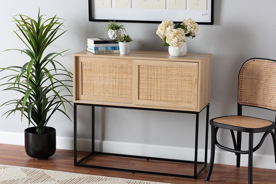 Amelia Mid-Century Modern Transitional Natural Brown Finished Wood and Natural Rattan Sideboard Buffet FredCo