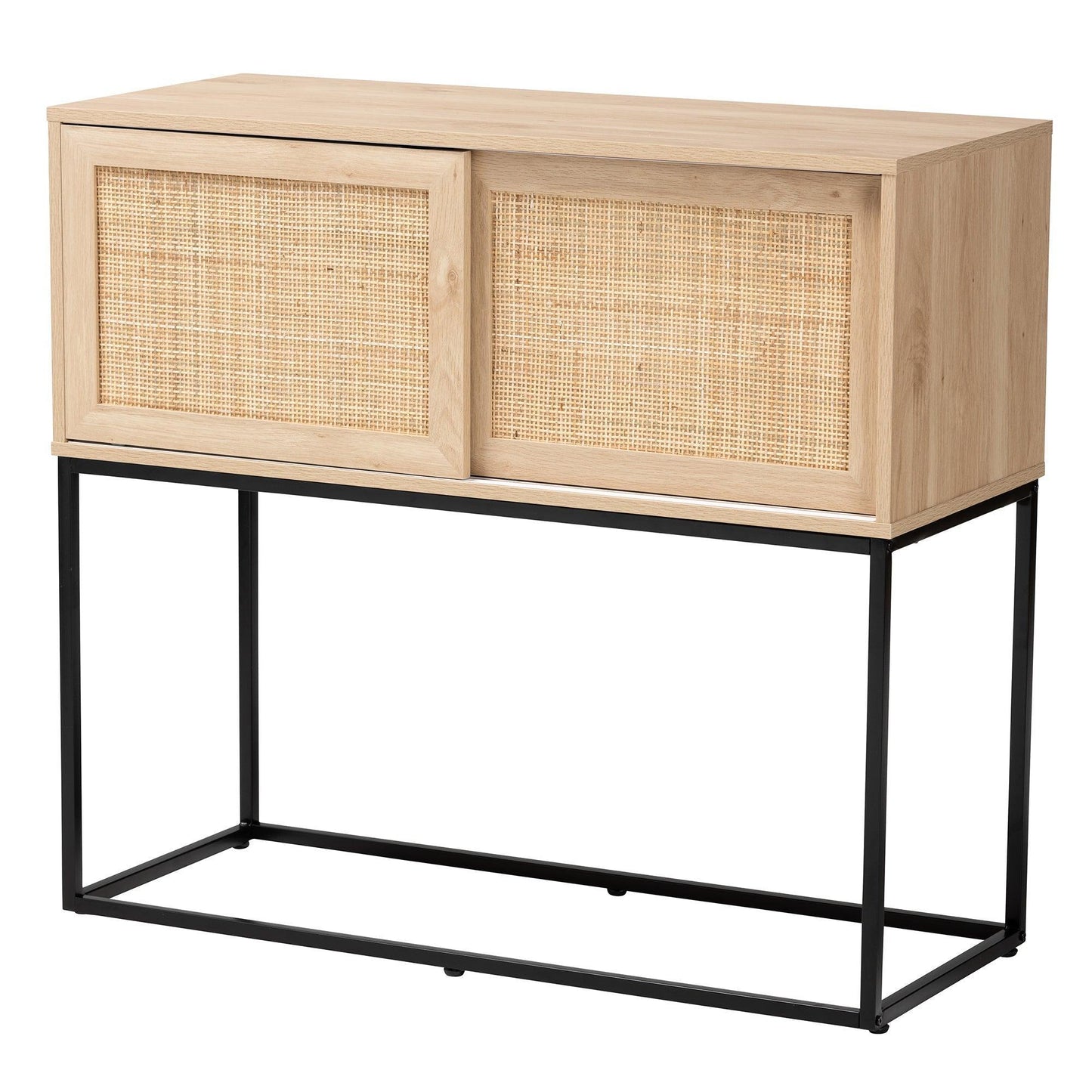 Amelia Mid-Century Modern Transitional Natural Brown Finished Wood and Natural Rattan Sideboard Buffet FredCo