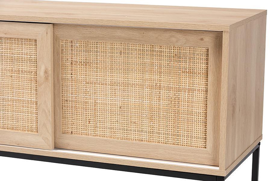 Amelia Mid-Century Modern Transitional Natural Brown Finished Wood and Natural Rattan Sideboard Buffet FredCo