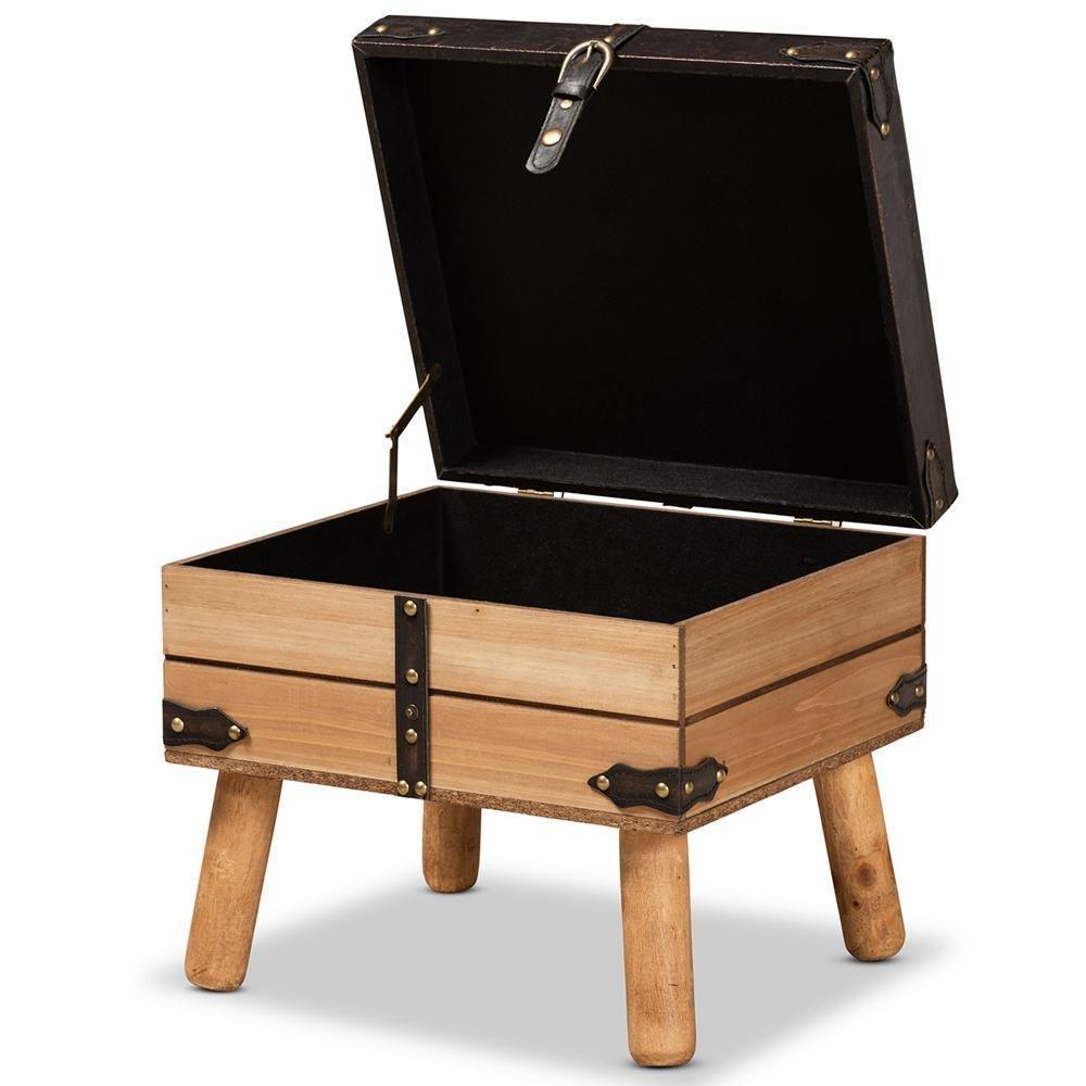 Amena Rustic Transitional Dark Brown PU Leather Upholstered and Oak Finished Wood Small Storage Ottoman FredCo
