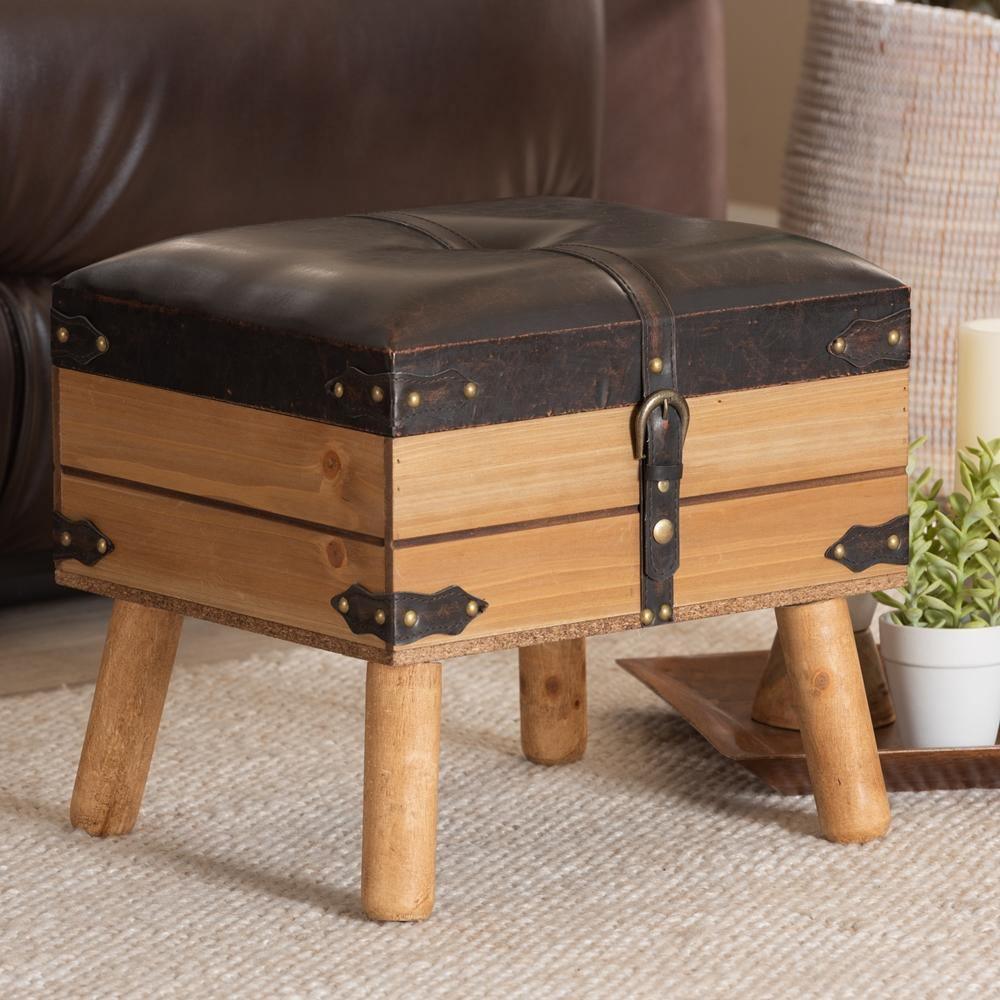 Amena Rustic Transitional Dark Brown PU Leather Upholstered and Oak Finished Wood Small Storage Ottoman FredCo
