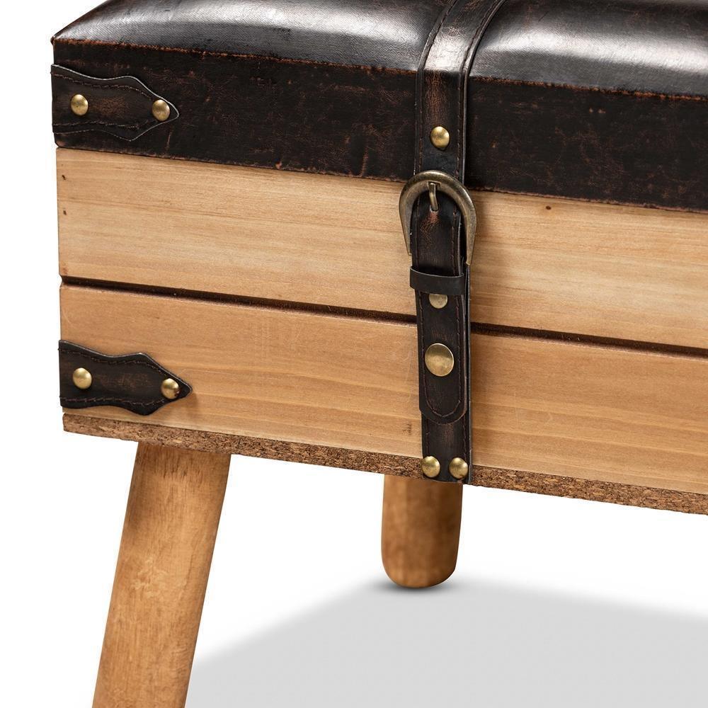 Amena Rustic Transitional Dark Brown PU Leather Upholstered and Oak Finished Wood Small Storage Ottoman FredCo