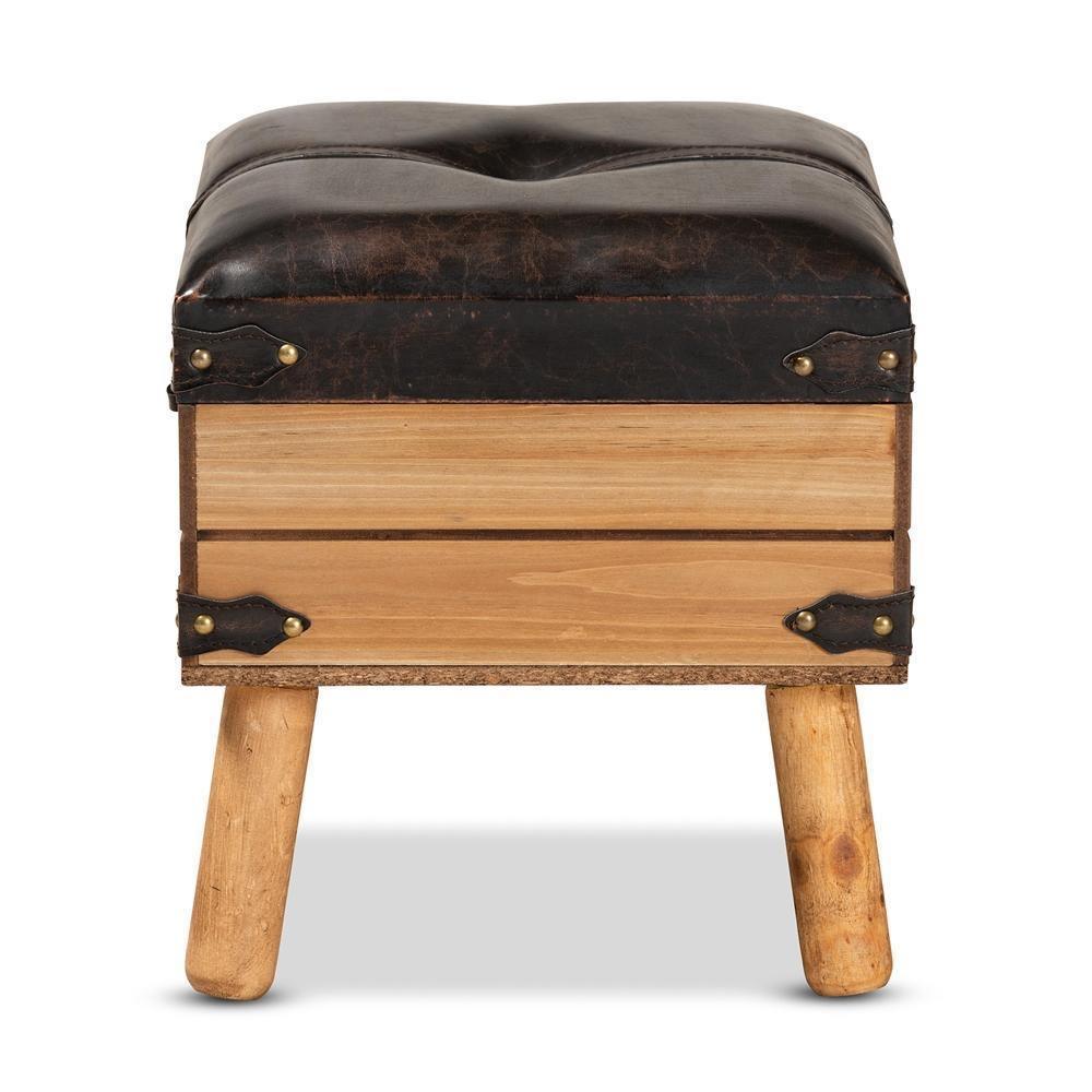 Amena Rustic Transitional Dark Brown PU Leather Upholstered and Oak Finished Wood Small Storage Ottoman FredCo