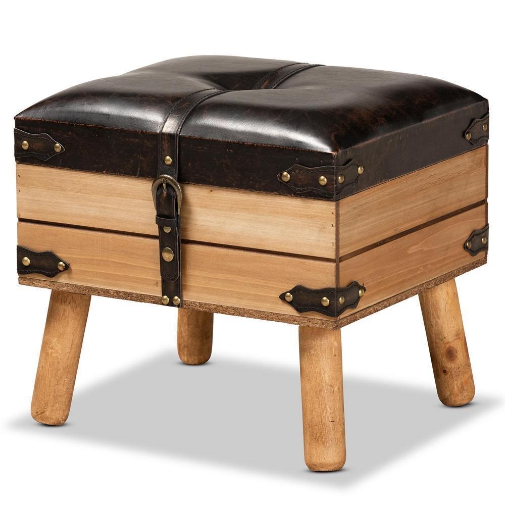 Amena Rustic Transitional Dark Brown PU Leather Upholstered and Oak Finished Wood Small Storage Ottoman FredCo