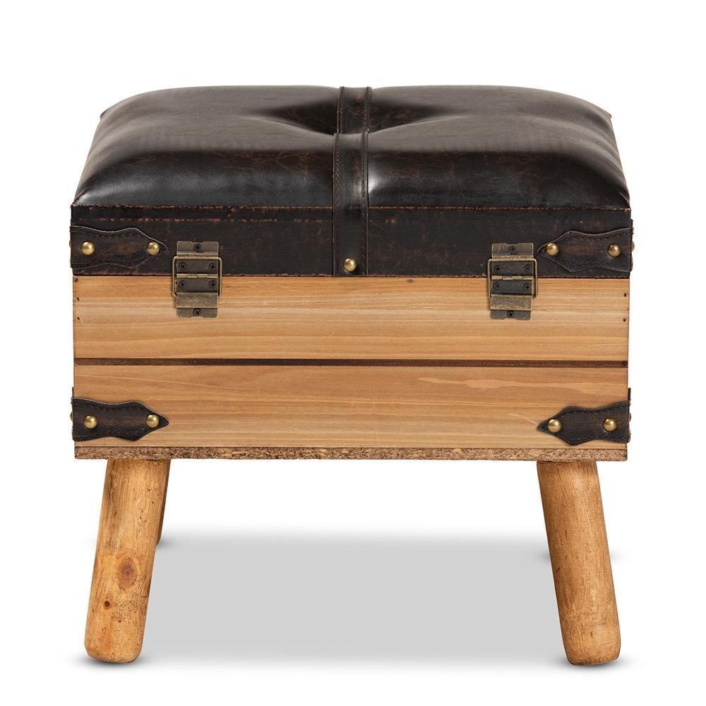Amena Rustic Transitional Dark Brown PU Leather Upholstered and Oak Finished Wood Small Storage Ottoman FredCo