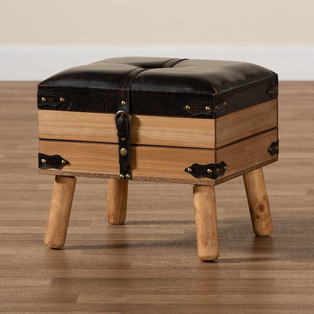 Amena Rustic Transitional Dark Brown PU Leather Upholstered and Oak Finished Wood Small Storage Ottoman FredCo