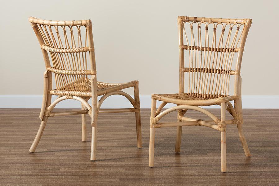 Ammi Modern Bohemian Natural Brown Rattan 2-Piece Dining Chair Set FredCo