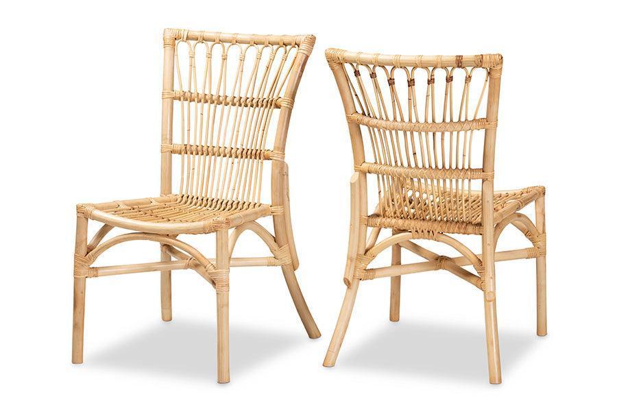 Ammi Modern Bohemian Natural Brown Rattan 2-Piece Dining Chair Set FredCo
