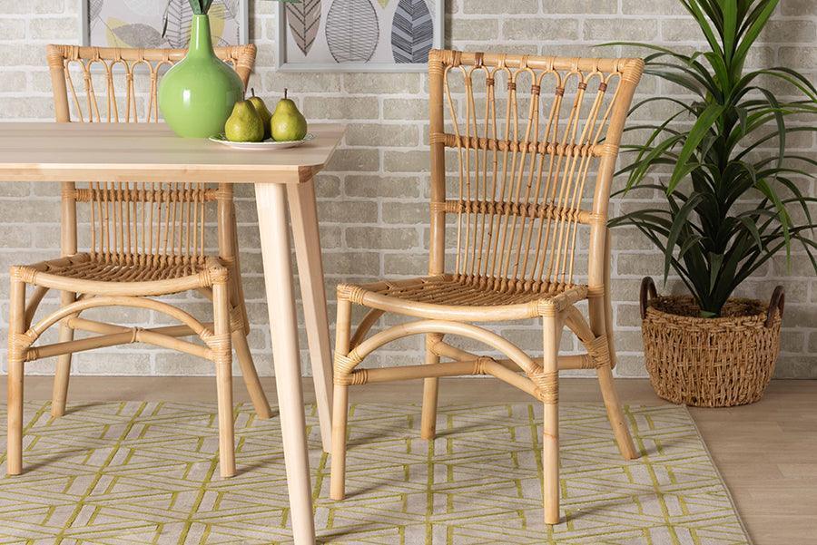 Ammi Modern Bohemian Natural Brown Rattan 2-Piece Dining Chair Set FredCo