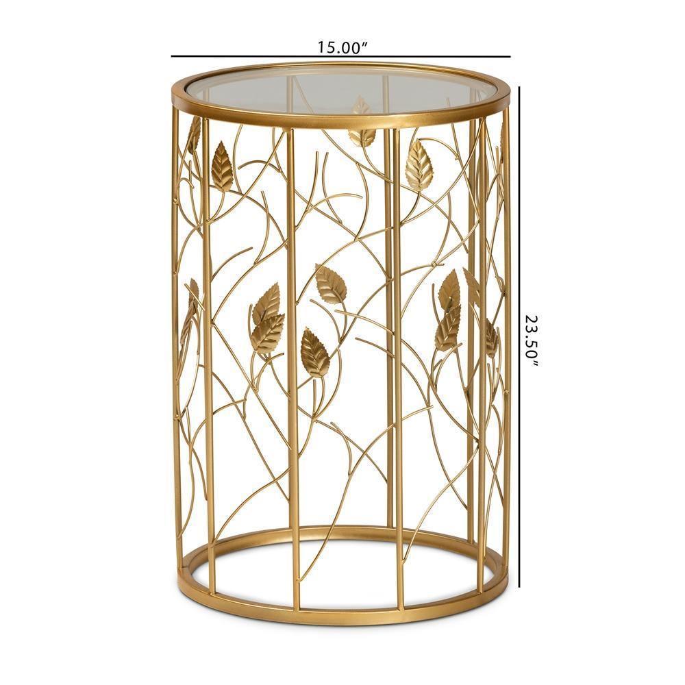 Anaya Modern and Contemporary Glam Brushed Gold Finished Metal and Glass Leaf Accent End Table FredCo