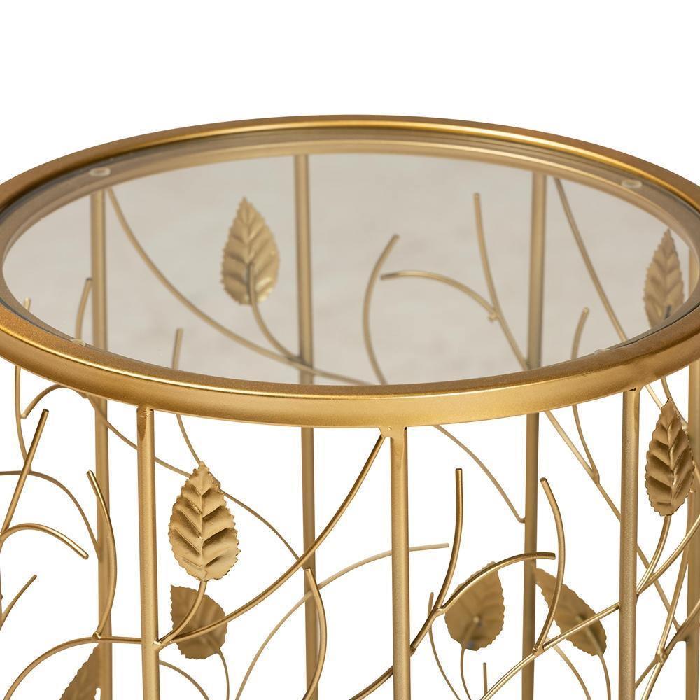 Anaya Modern and Contemporary Glam Brushed Gold Finished Metal and Glass Leaf Accent End Table FredCo