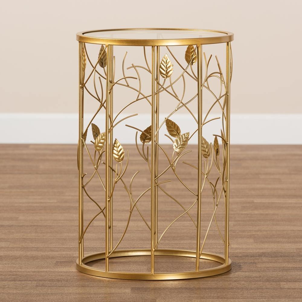Anaya Modern and Contemporary Glam Brushed Gold Finished Metal and Glass Leaf Accent End Table FredCo