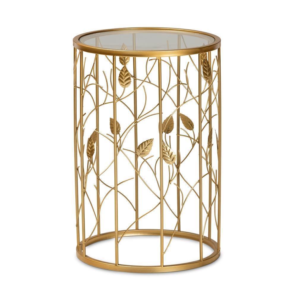 Anaya Modern and Contemporary Glam Brushed Gold Finished Metal and Glass Leaf Accent End Table FredCo