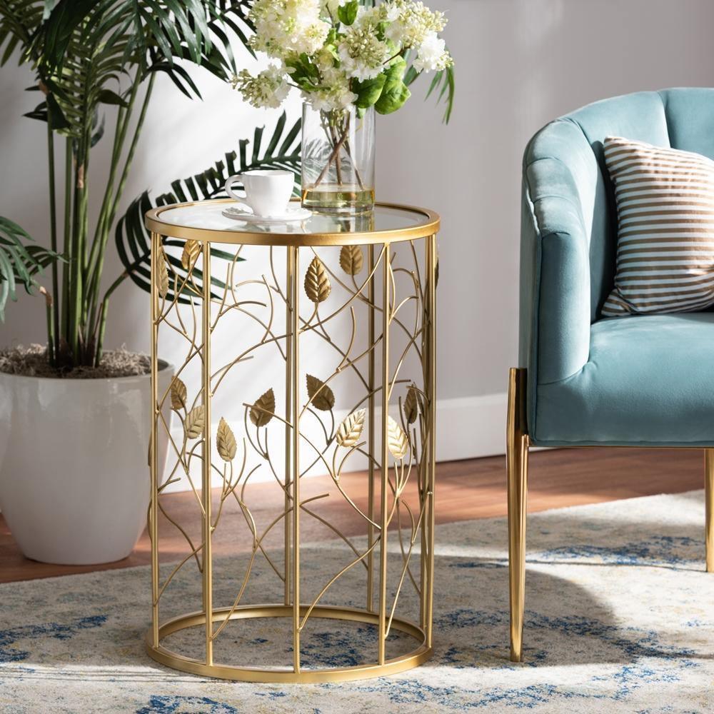 Anaya Modern and Contemporary Glam Brushed Gold Finished Metal and Glass Leaf Accent End Table FredCo