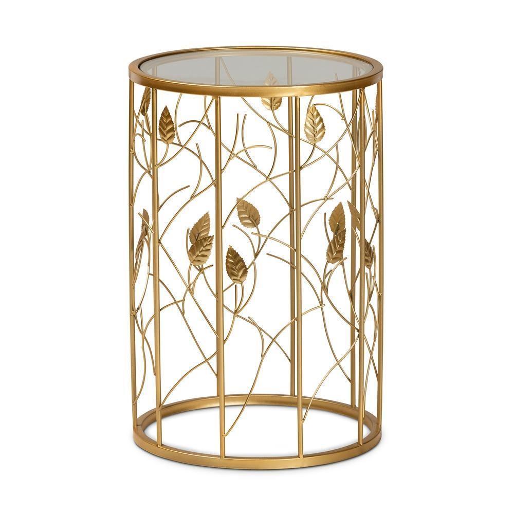 Anaya Modern and Contemporary Glam Brushed Gold Finished Metal and Glass Leaf Accent End Table FredCo