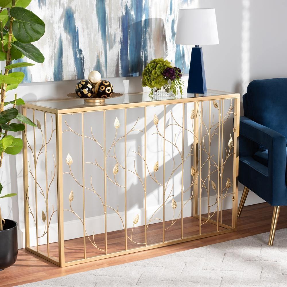 Anaya Modern and Contemporary Glam Brushed Gold Finished Metal and Glass Leaf Console Table FredCo