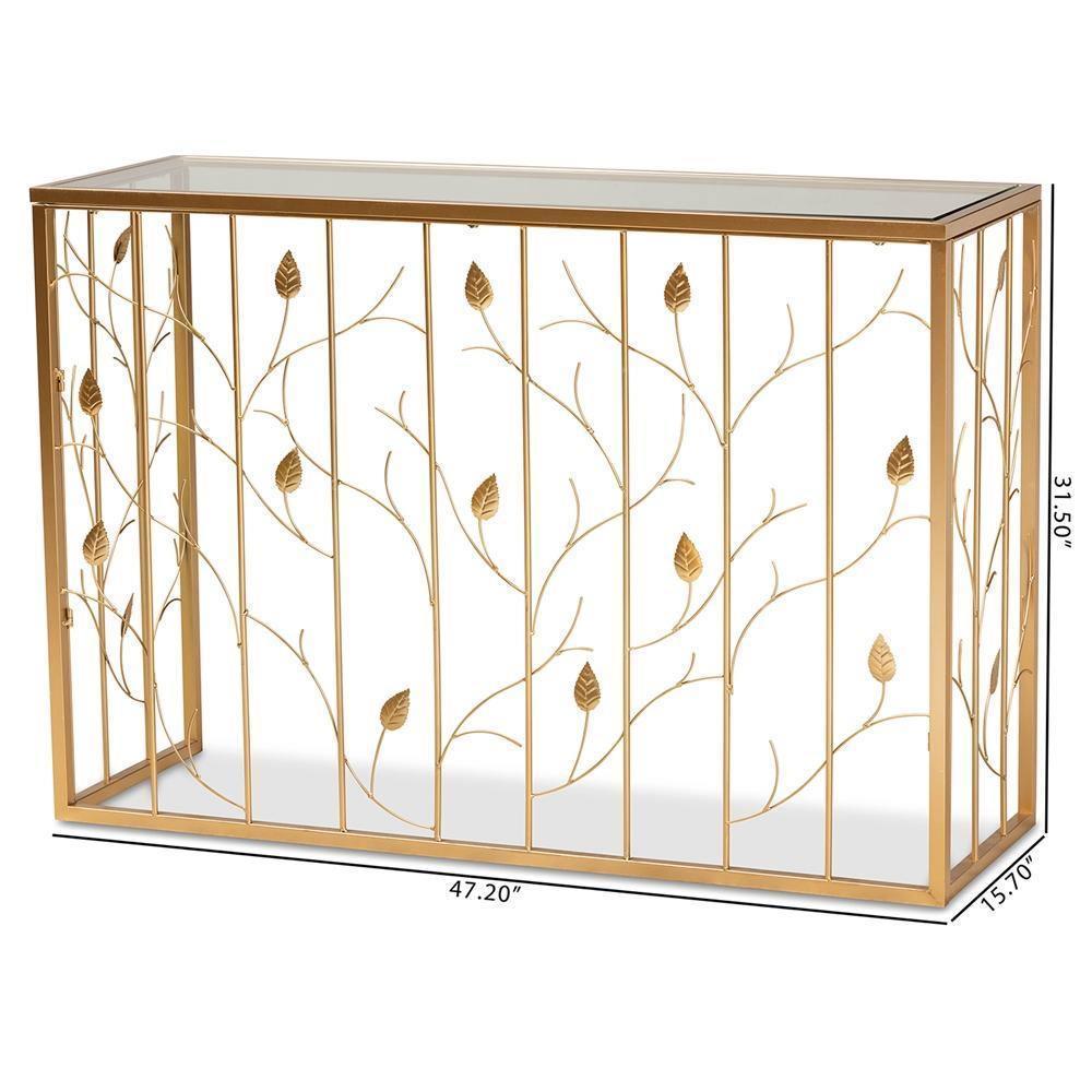Anaya Modern and Contemporary Glam Brushed Gold Finished Metal and Glass Leaf Console Table FredCo