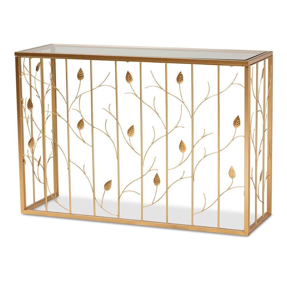 Anaya Modern and Contemporary Glam Brushed Gold Finished Metal and Glass Leaf Console Table FredCo