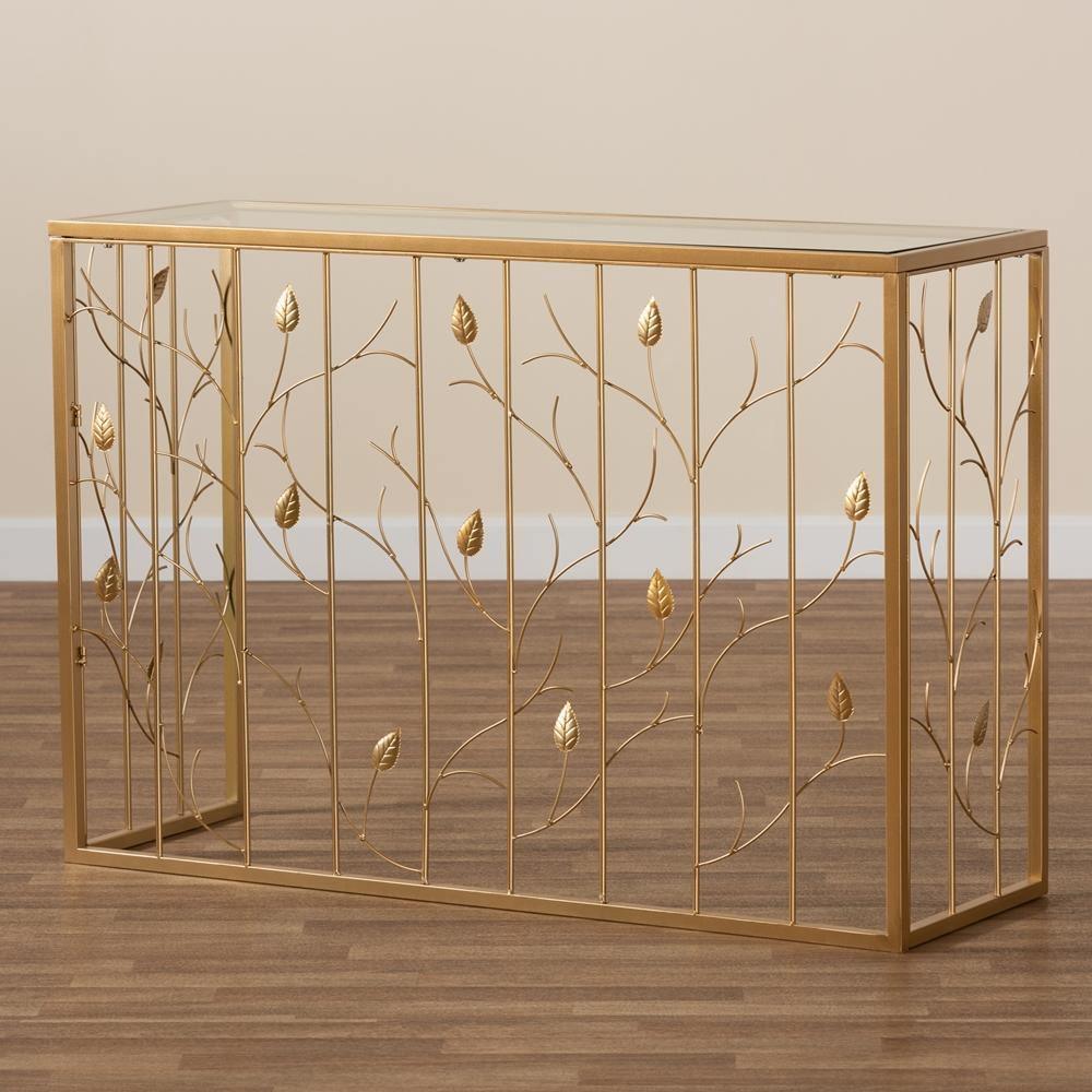 Anaya Modern and Contemporary Glam Brushed Gold Finished Metal and Glass Leaf Console Table FredCo