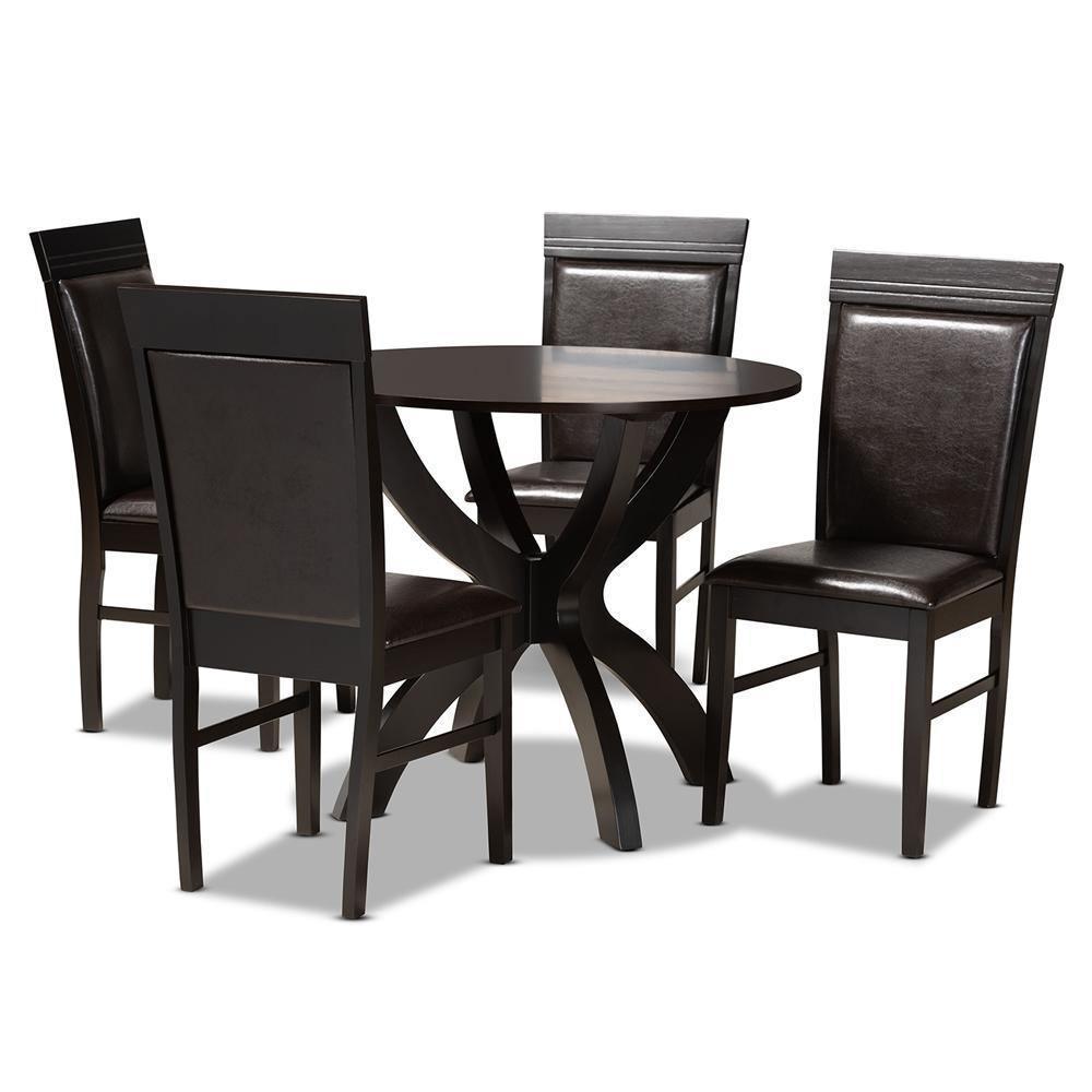 Ancel Modern and Contemporary Dark Brown Faux Leather Upholstered and Dark Brown Finished Wood 5-Piece Dining Set FredCo