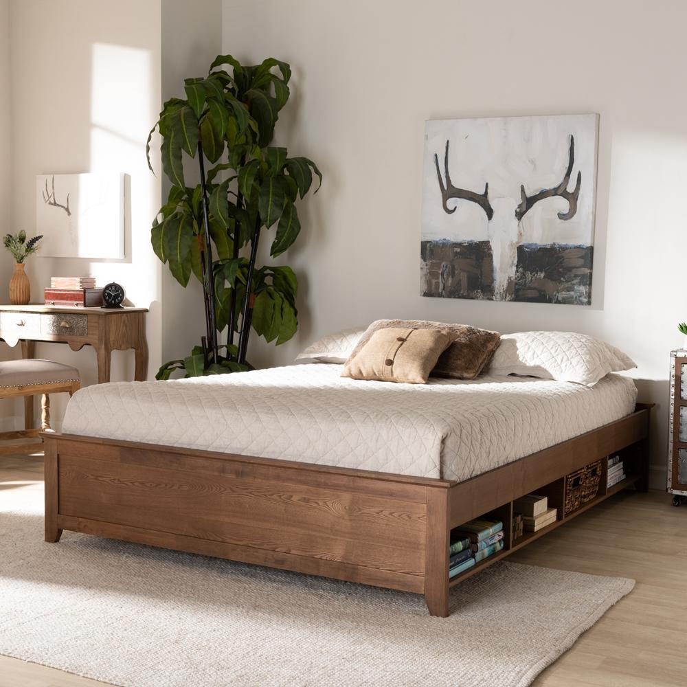 Anders Traditional and Rustic Ash Walnut Brown Finished Wood Queen Size Platform Storage Bed Frame with Built-In Shelves FredCo