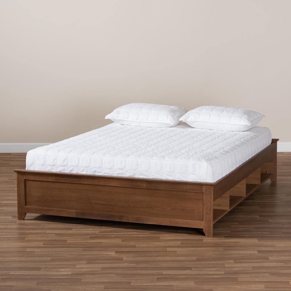 Anders Traditional and Rustic Ash Walnut Brown Finished Wood Queen Size Platform Storage Bed Frame with Built-In Shelves FredCo