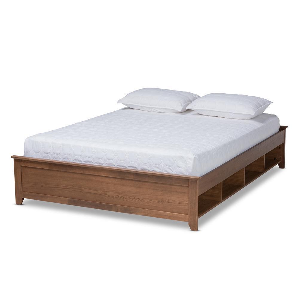 Anders Traditional and Rustic Ash Walnut Brown Finished Wood Queen Size Platform Storage Bed Frame with Built-In Shelves FredCo