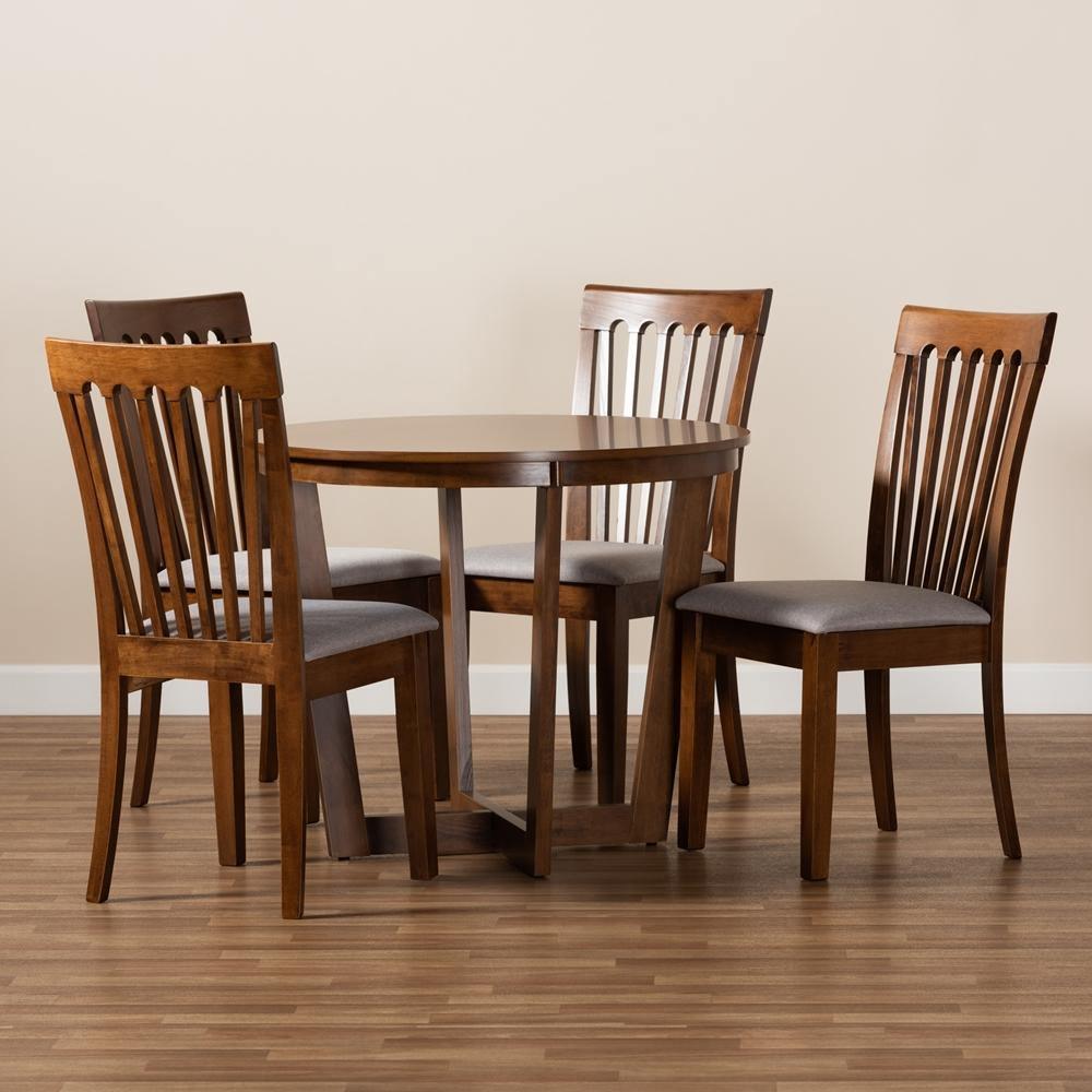 Andi Modern and Contemporary Grey Fabric Upholstered and Walnut Brown Finished Wood 5-Piece Dining Set FredCo
