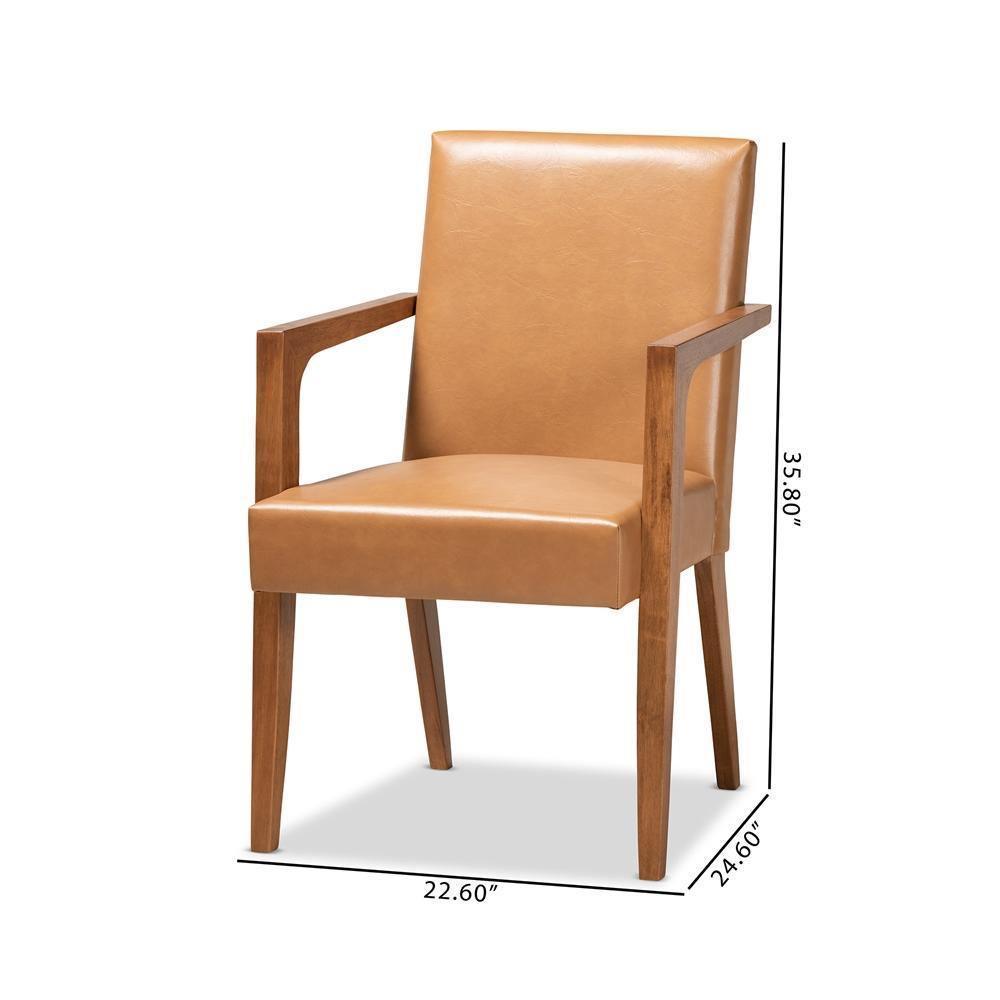 Andrea Mid-Century Modern Tan Faux Leather Upholstered and Walnut Brown Finished Wood 2-Piece Armchair Set FredCo