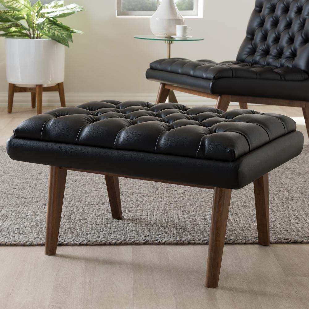 Annetha Mid-Century Modern Black Faux Leather Upholstered Walnut Finished Wood Ottoman FredCo