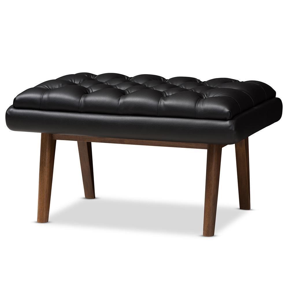 Annetha Mid-Century Modern Black Faux Leather Upholstered Walnut Finished Wood Ottoman FredCo
