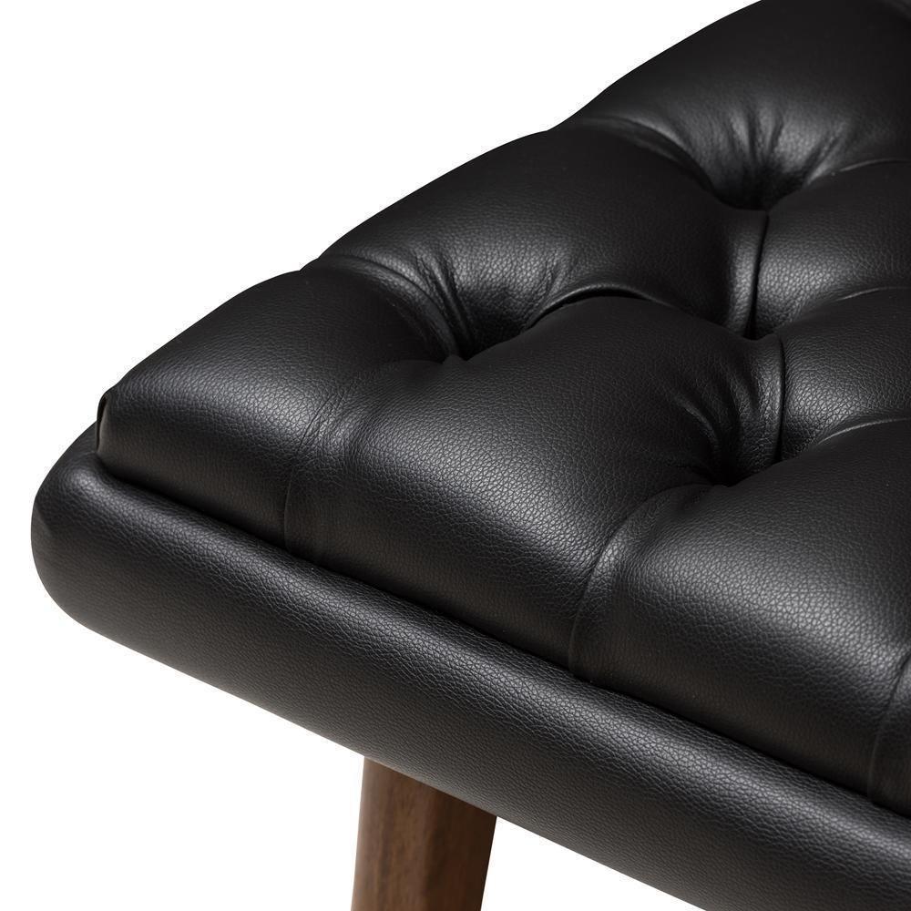 Annetha Mid-Century Modern Black Faux Leather Upholstered Walnut Finished Wood Ottoman FredCo