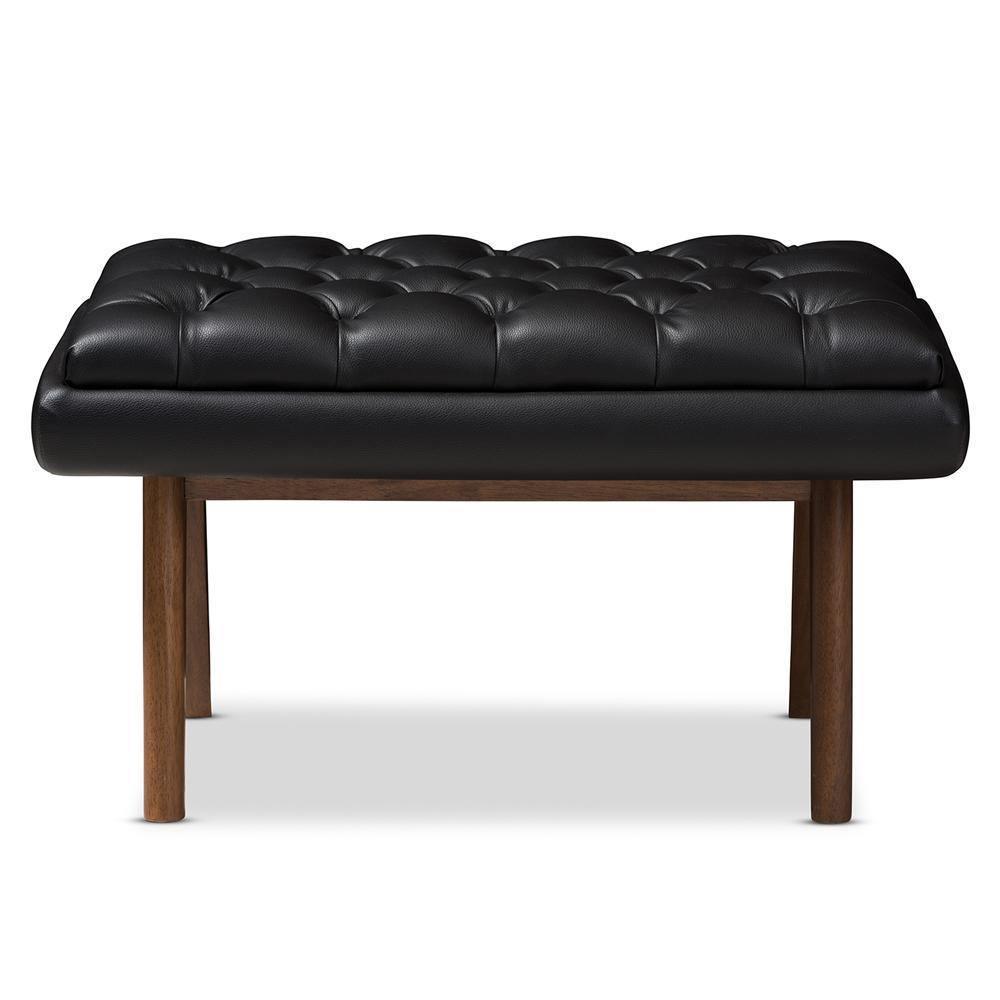 Annetha Mid-Century Modern Black Faux Leather Upholstered Walnut Finished Wood Ottoman FredCo