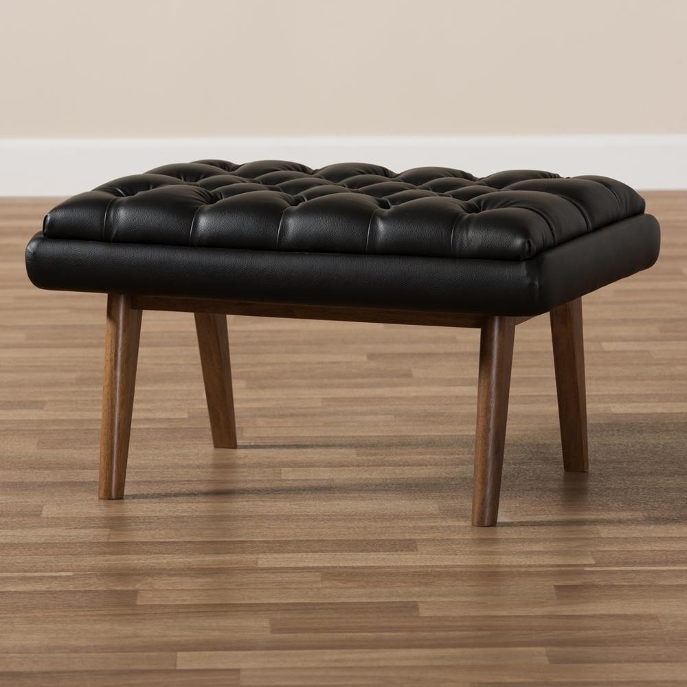 Annetha Mid-Century Modern Black Faux Leather Upholstered Walnut Finished Wood Ottoman FredCo
