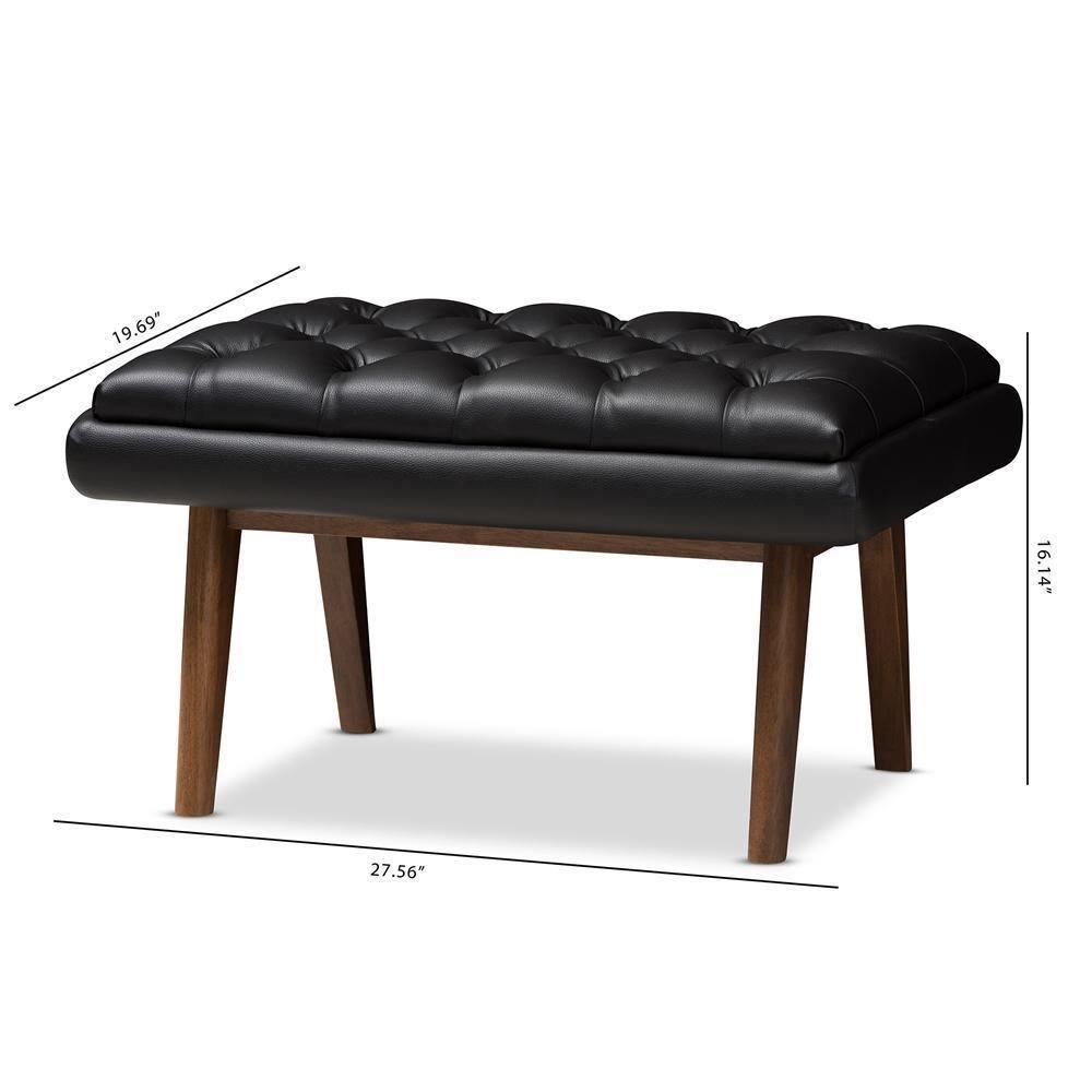 Annetha Mid-Century Modern Black Faux Leather Upholstered Walnut Finished Wood Ottoman FredCo