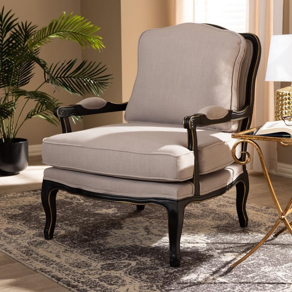 Antoinette Traditional Beige Fabric Upholstered and Black Finished Accent Chair FredCo