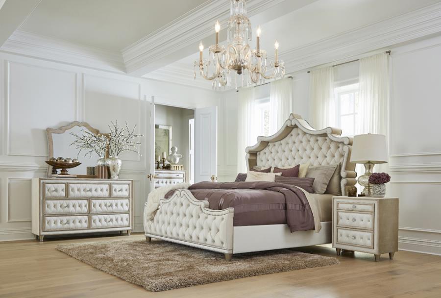 Antonella Upholstered King Tufted Bedroom Set Ivory and Camel Coaster, 5 Piece FredCo