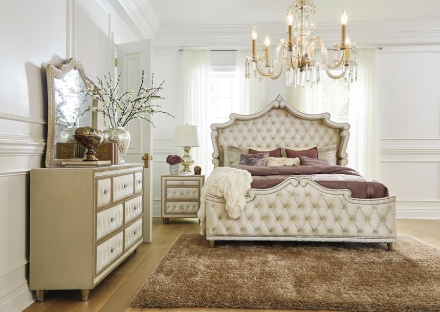 Antonella Upholstered King Tufted Bedroom Set Ivory and Camel Coaster, 5 Piece FredCo