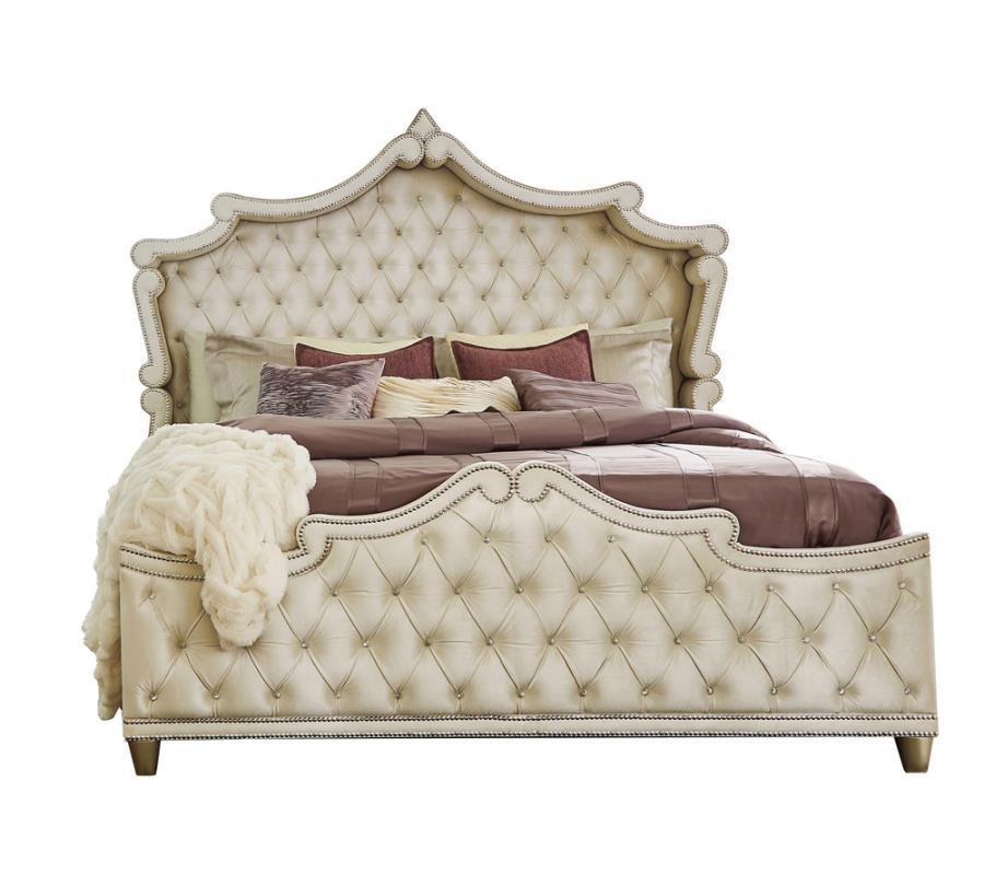 Antonella Upholstered King Tufted Bedroom Set Ivory and Camel Coaster, 5 Piece FredCo