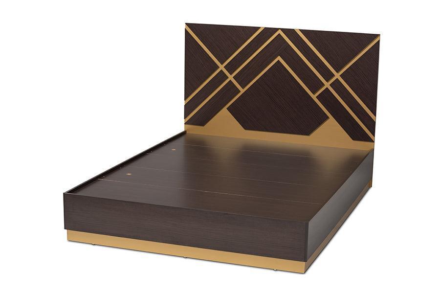 Arcelia Contemporary Glam and Luxe Two-Tone Dark Brown and Gold Finished Wood Queen Size Platform Bed FredCo