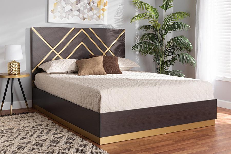 Arcelia Contemporary Glam and Luxe Two-Tone Dark Brown and Gold Finished Wood Queen Size Platform Bed FredCo
