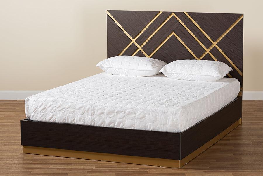 Arcelia Contemporary Glam and Luxe Two-Tone Dark Brown and Gold Finished Wood Queen Size Platform Bed FredCo