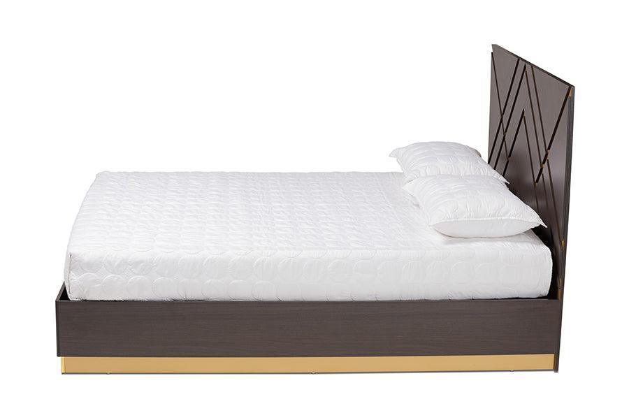 Arcelia Contemporary Glam and Luxe Two-Tone Dark Brown and Gold Finished Wood Queen Size Platform Bed FredCo