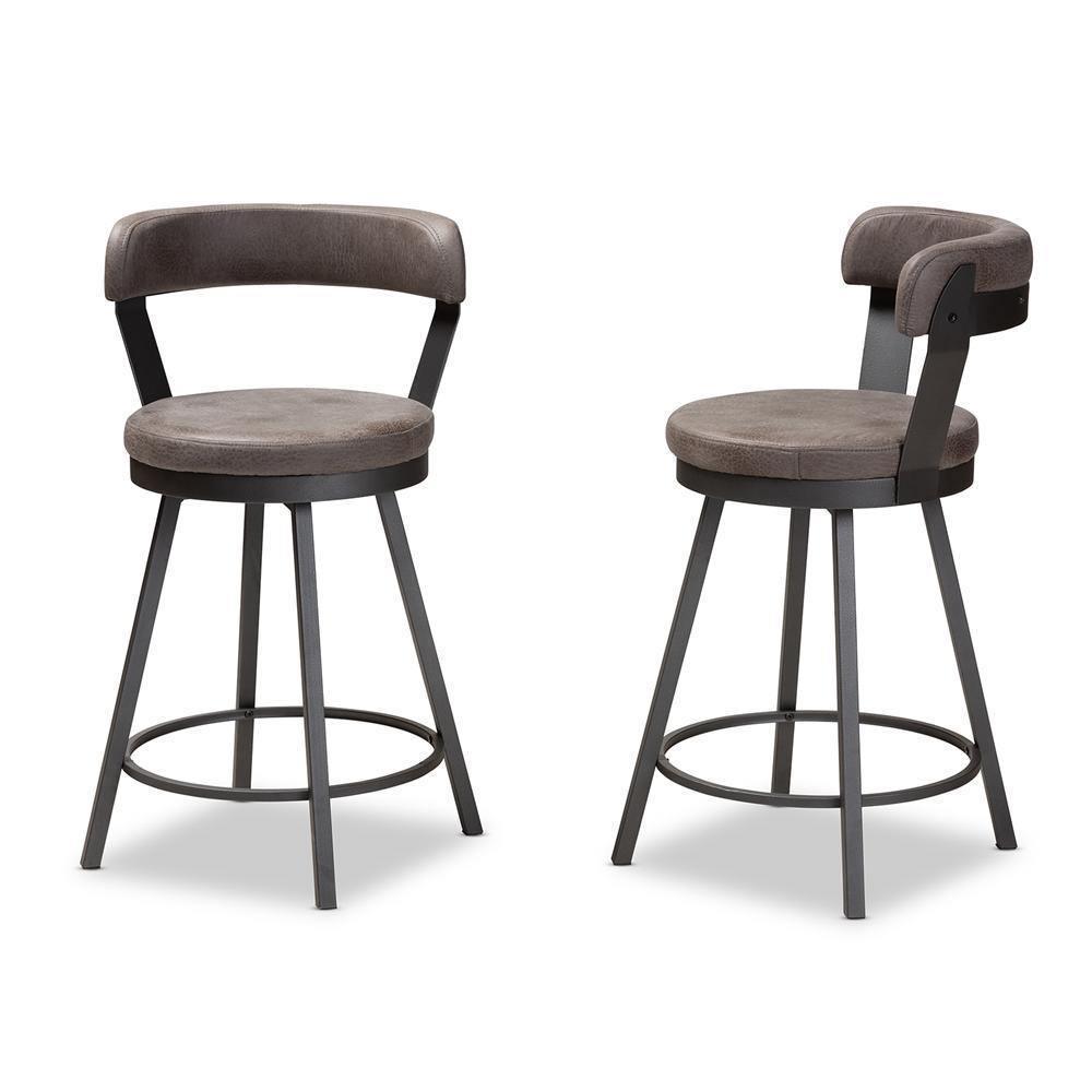 Arcene Rustic and Industrial Grey Faux Leather Upholstered Pub Stool Set of 2 FredCo