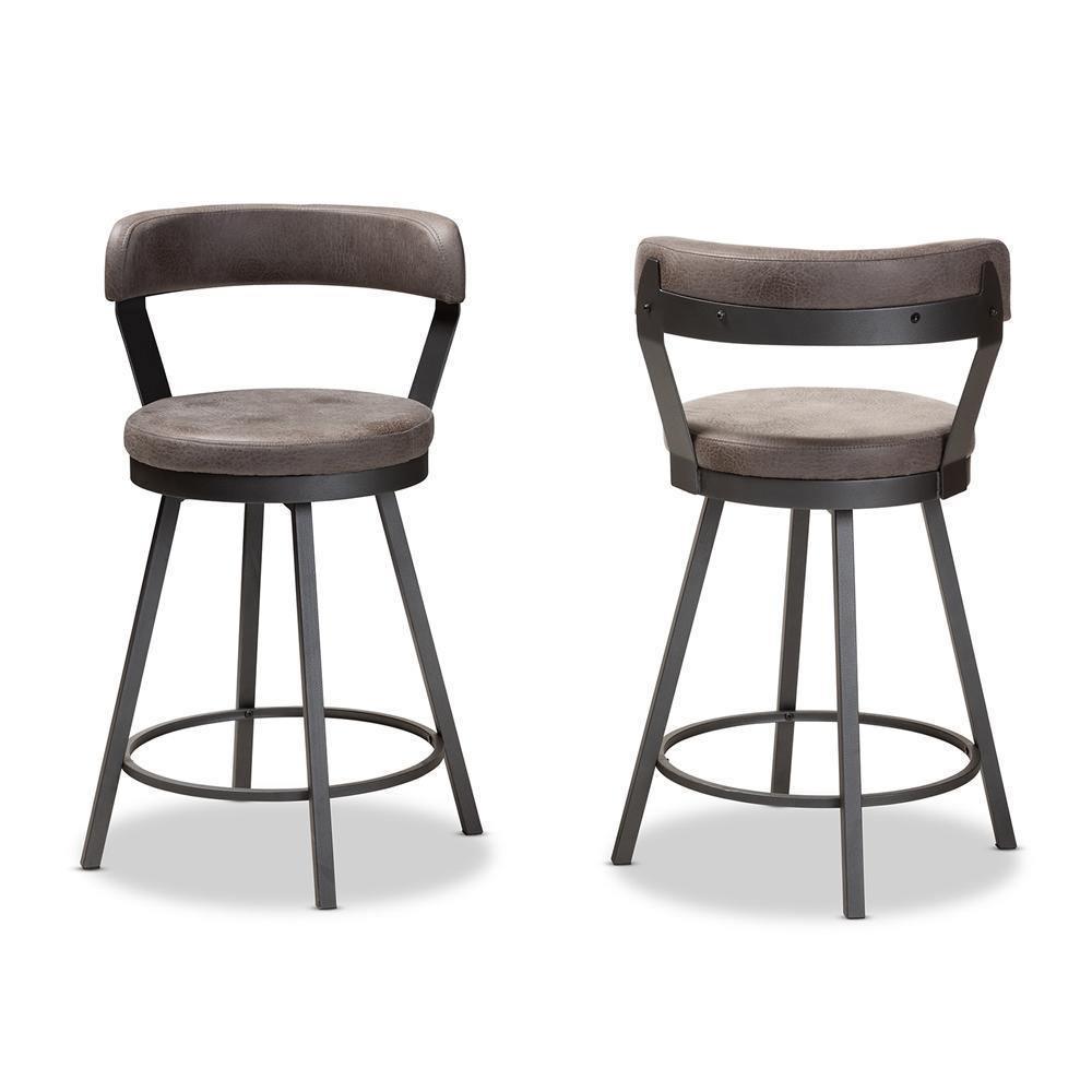 Arcene Rustic and Industrial Grey Faux Leather Upholstered Pub Stool Set of 2 FredCo