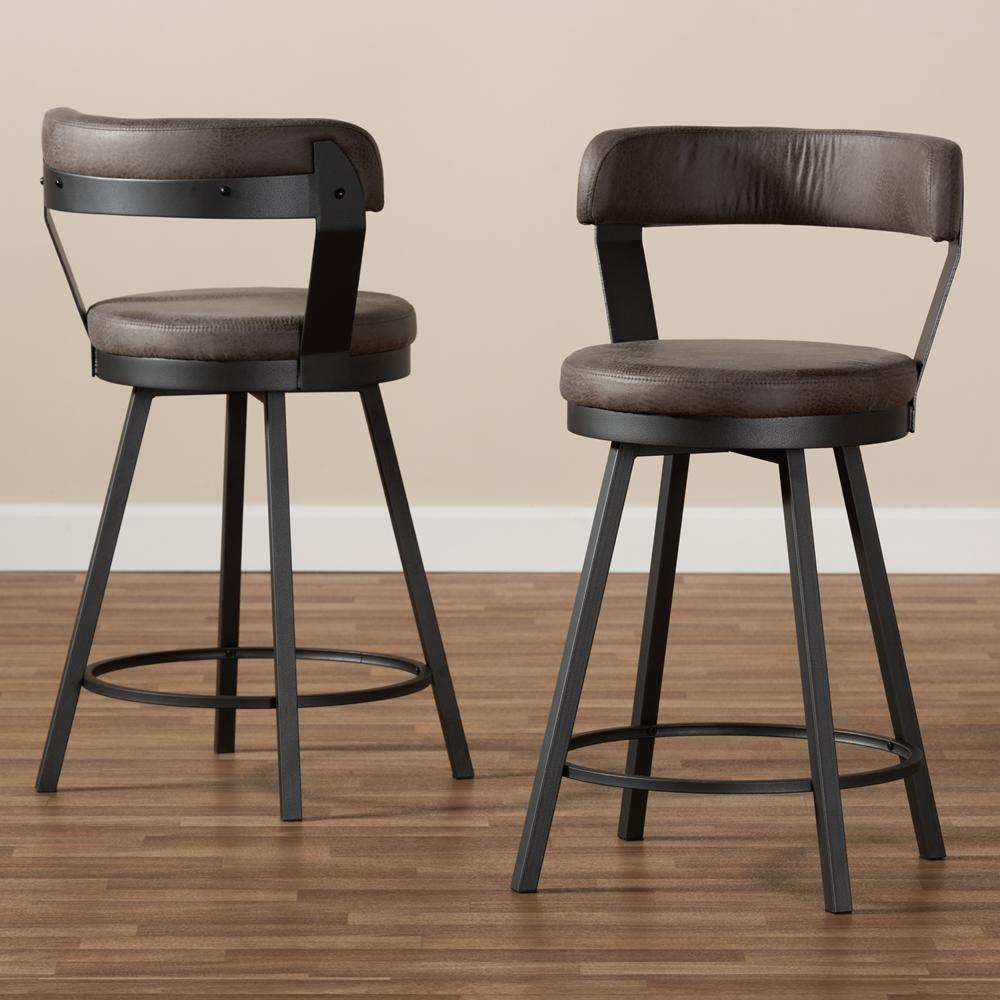 Arcene Rustic and Industrial Grey Faux Leather Upholstered Pub Stool Set of 2 FredCo