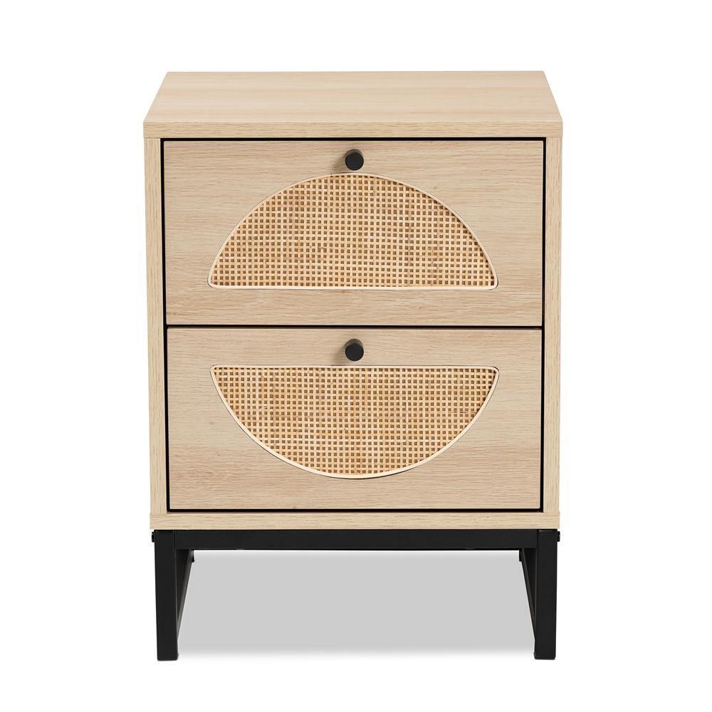 Ardon Bohemian Light Brown Finished Wood and Black Metal 1-Drawer Nightstand with Natural Rattan FredCo