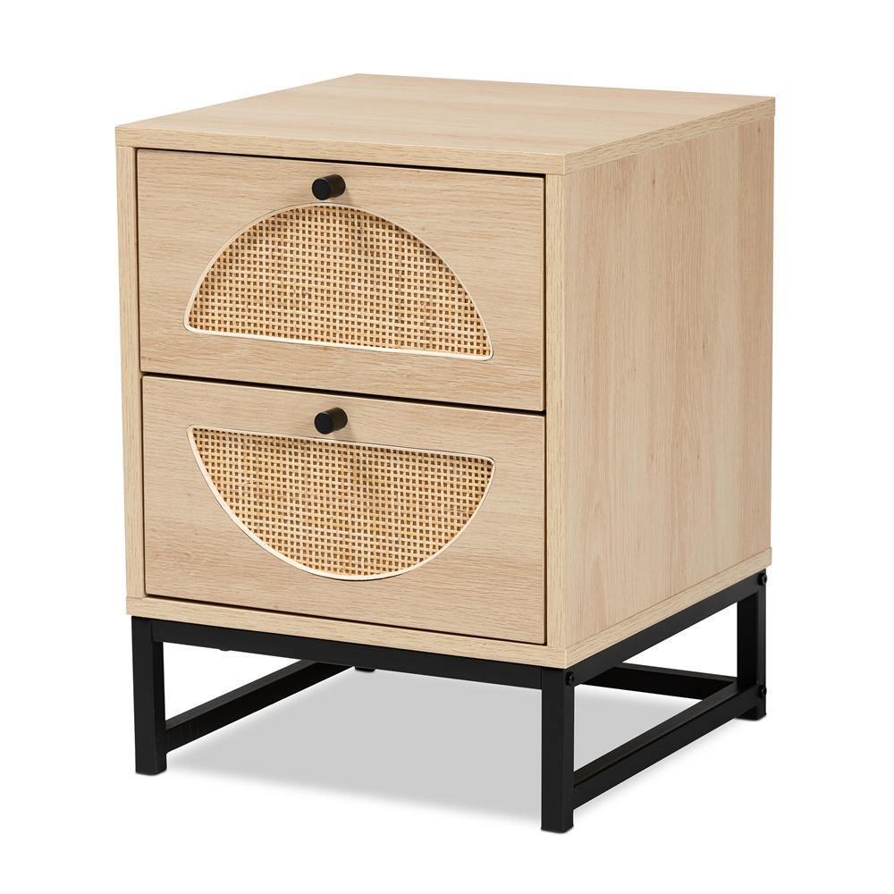 Ardon Bohemian Light Brown Finished Wood and Black Metal 1-Drawer Nightstand with Natural Rattan FredCo