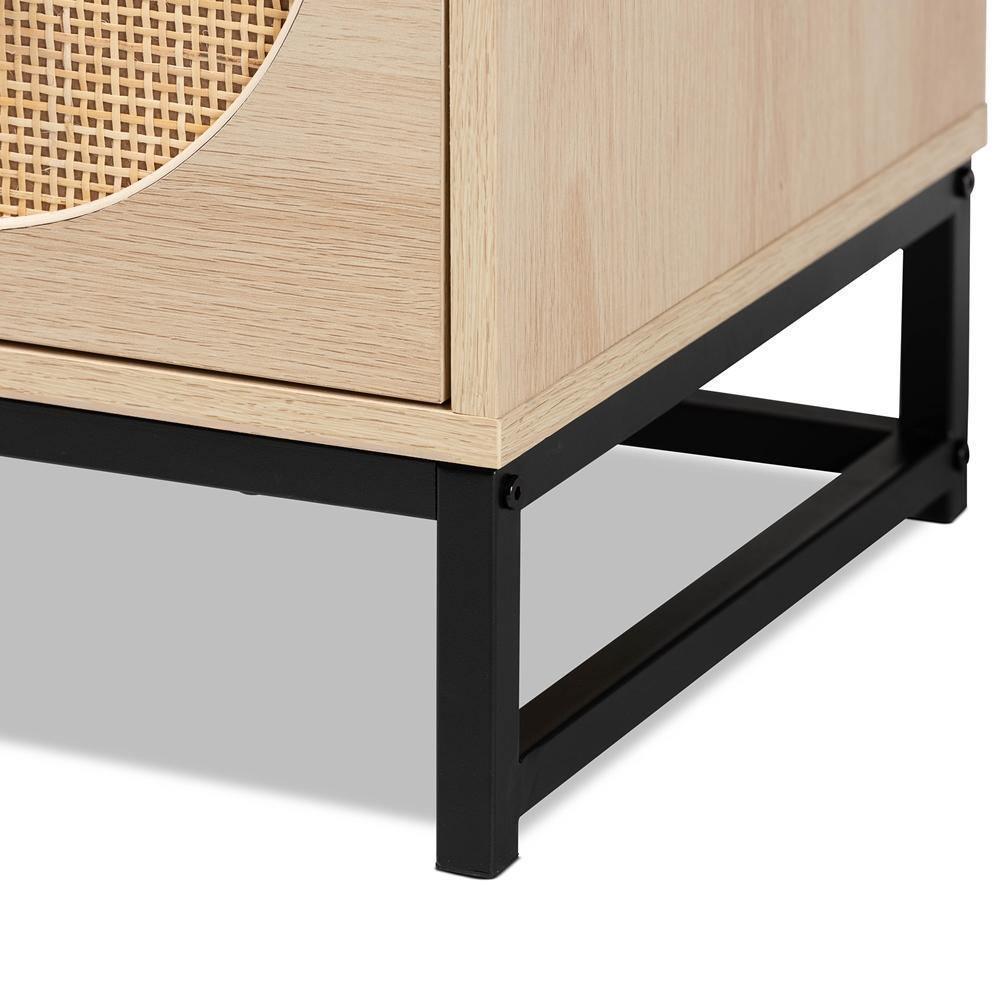 Ardon Bohemian Light Brown Finished Wood and Black Metal 1-Drawer Nightstand with Natural Rattan FredCo